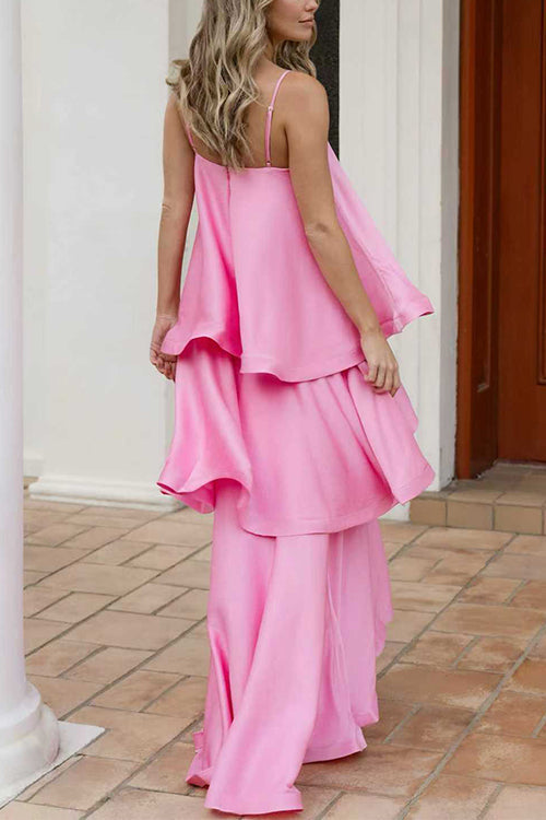 Margovil Spaghetti Strap Ruffle Layered Satin Maxi Dress