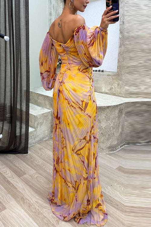Margovil Off Shoulder Rhinestones Detail Printed Slit Pleated Maxi Dress