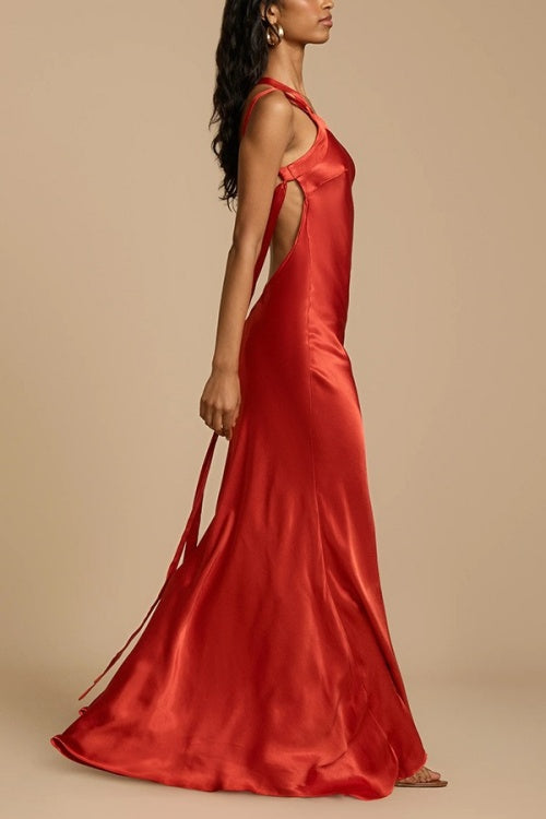 One Shoulder Backless Satin Maxi Party Dress