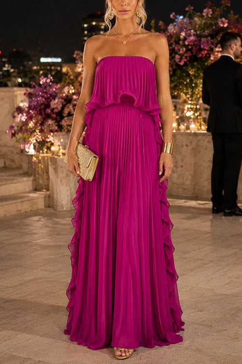 Margovil Elegant Strapless Tube Ruffle Pleated Maxi Dress