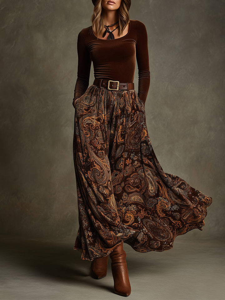 Vintage Stretch Velvet Top & Paisley Print Long Skirt Set With Belt