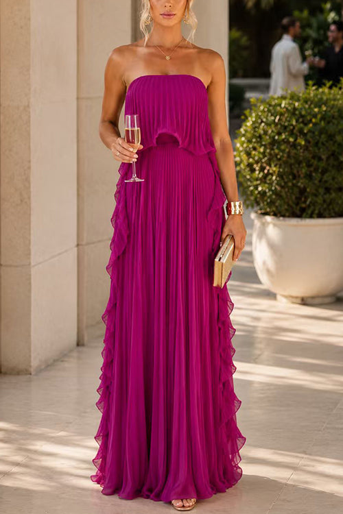 Margovil Elegant Strapless Tube Ruffle Pleated Maxi Dress