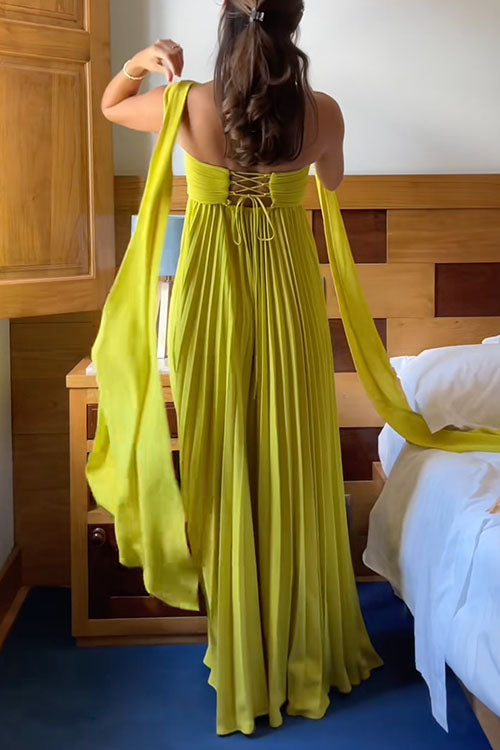 Margovil Strapless Back Lace-up Pleated Maxi Dress