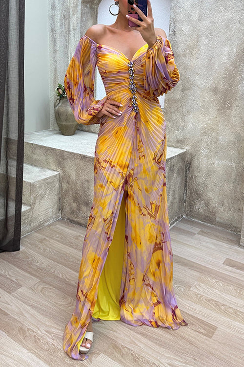 Margovil Off Shoulder Lantern Long Sleeves Printed Slit Pleated Maxi Dress