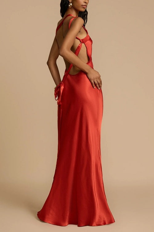 One Shoulder Backless Satin Maxi Party Dress