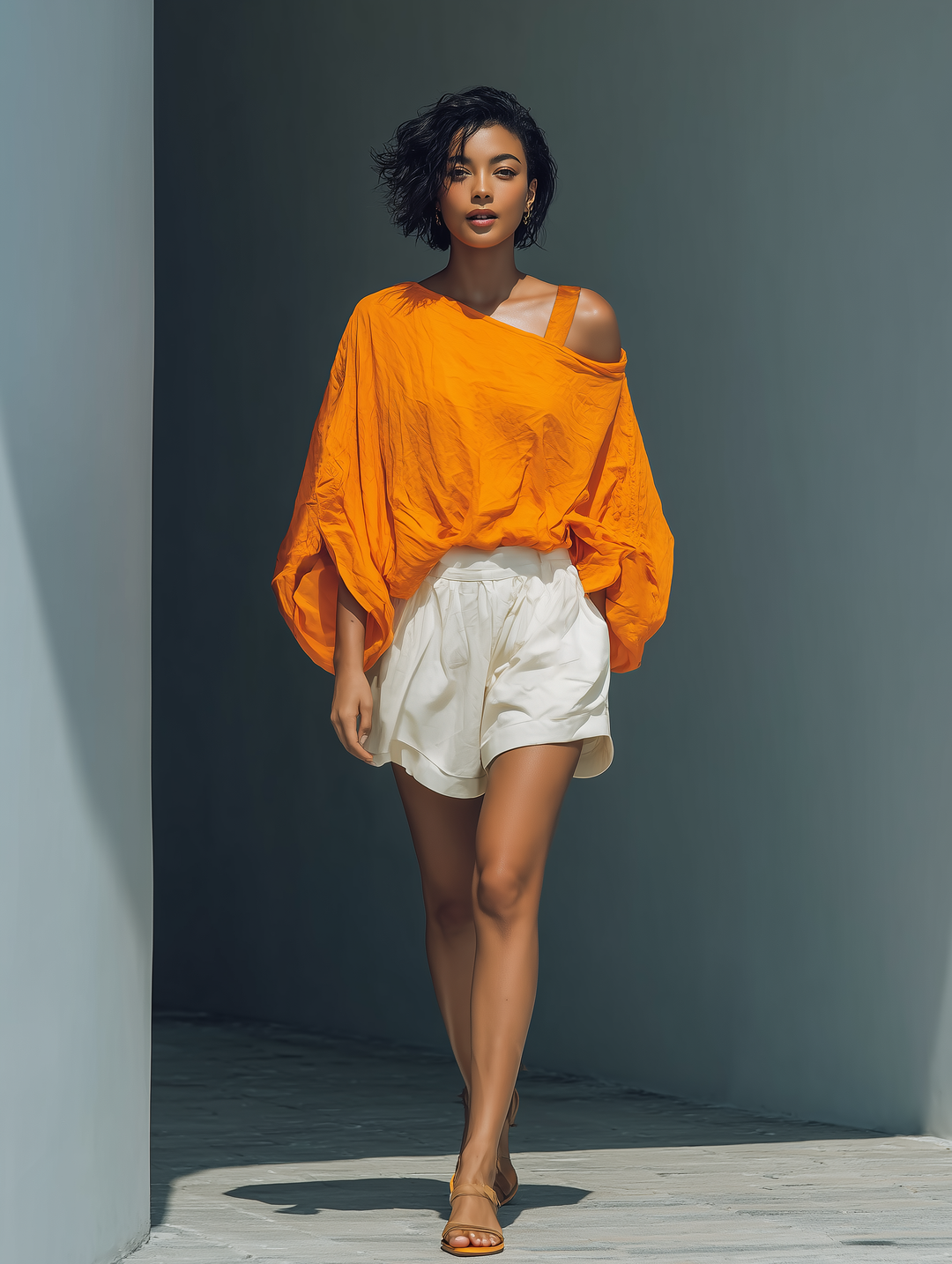 Orange Linen-Blend Cold Shoulder Top & White Ruffle Shorts Set