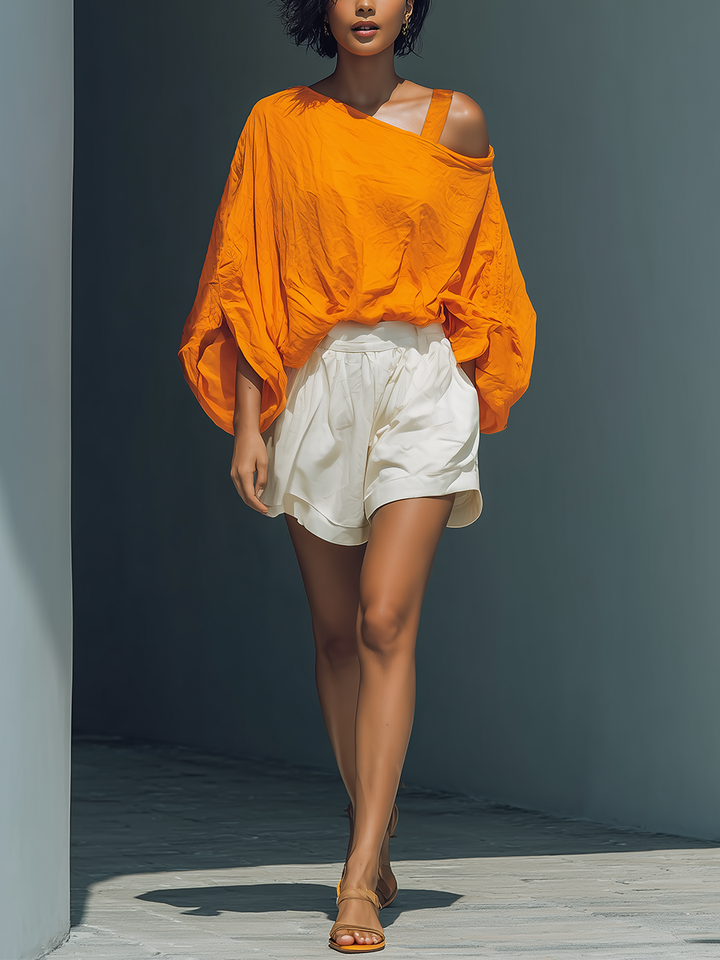 Orange Linen-Blend Cold Shoulder Top & White Ruffle Shorts Set