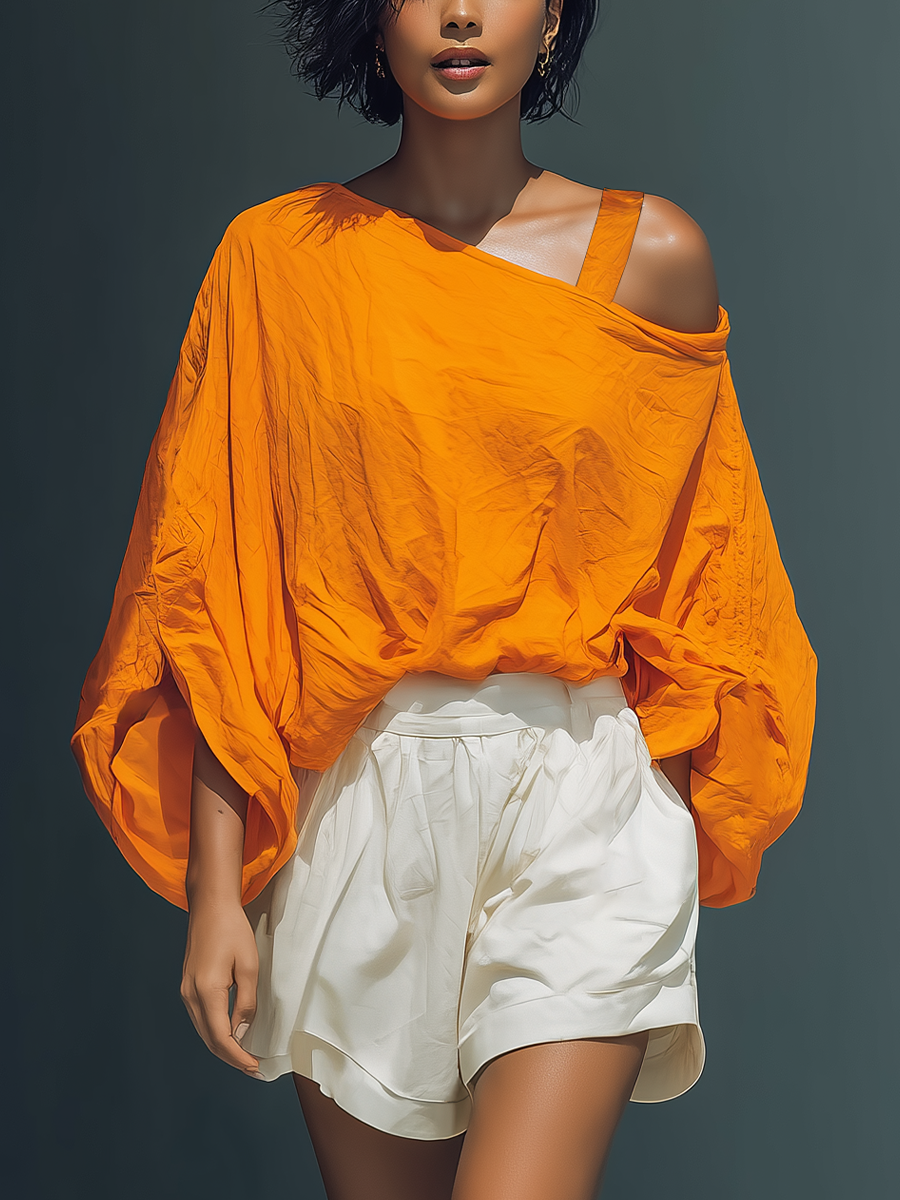Orange Linen-Blend Cold Shoulder Top & White Ruffle Shorts Set