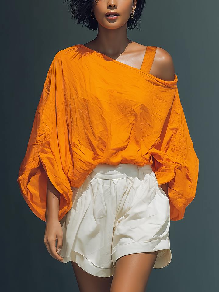 Orange Linen-Blend Cold Shoulder Top & White Ruffle Shorts Set