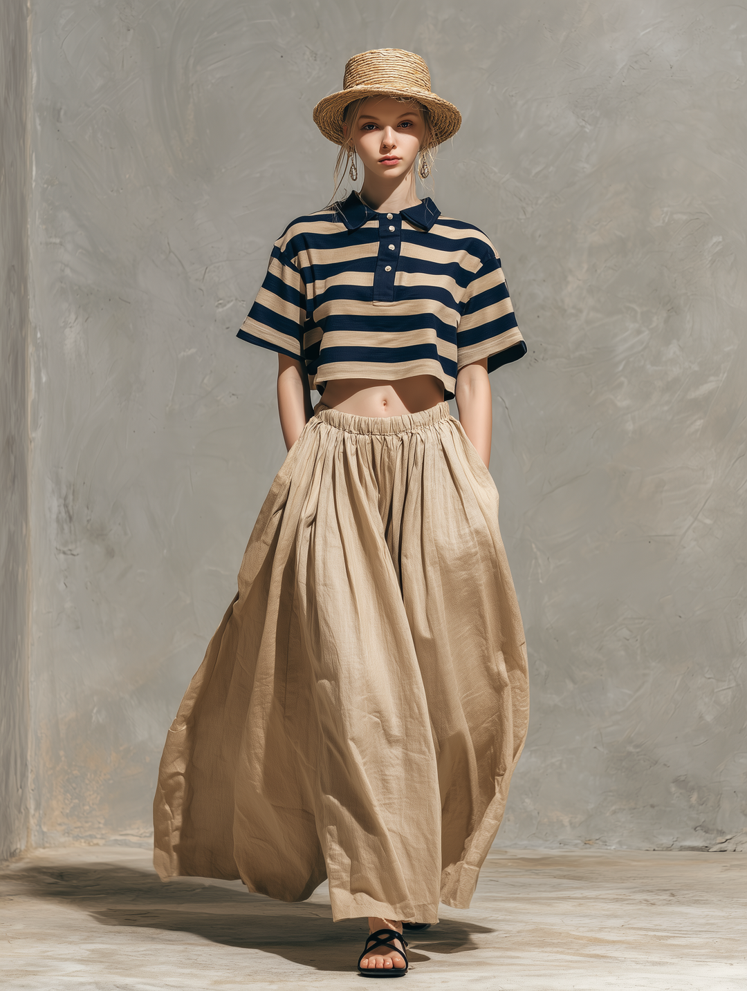 Navy & Khaki Striped Shirt Collar Top & Khaki Skirt Set