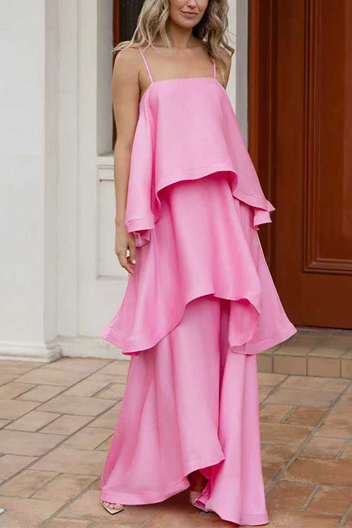 Margovil Spaghetti Strap Ruffle Layered Satin Maxi Dress