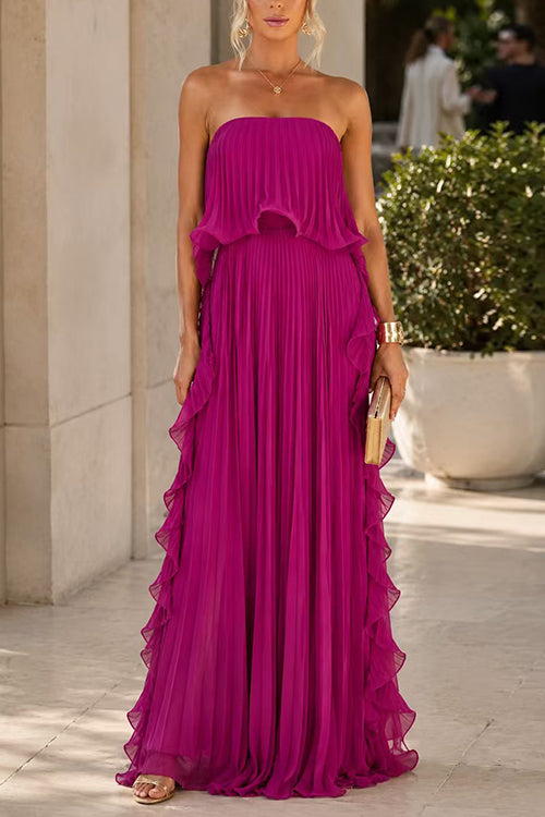 Margovil Strapless Tube Ruffle Pleated Swing Maxi Dress