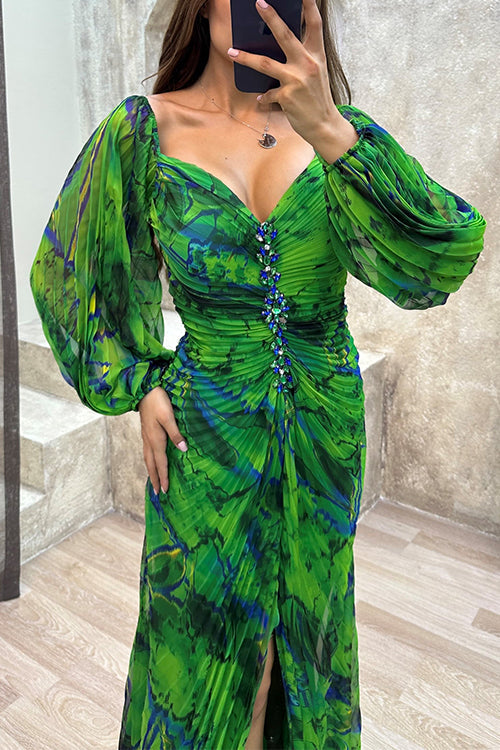 Margovil Off Shoulder Lantern Long Sleeves Printed Slit Pleated Maxi Dress