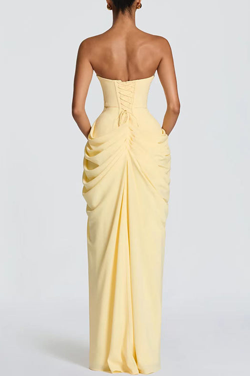Strapless Tube Ruched Slit Maxi Dress