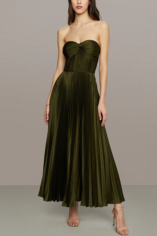 Strapless Twist Front Pleated Swing Maxi Dress