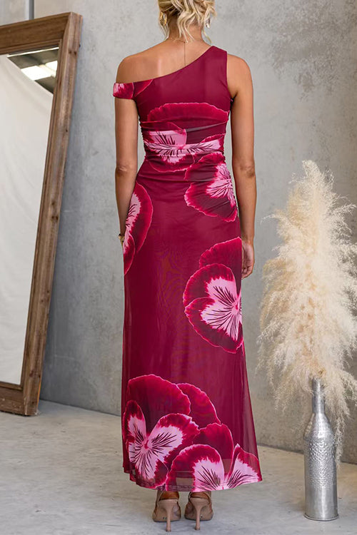 Asymmetric One Shoulder Floral Print Bodycon Maxi Dress