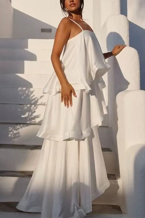 Margovil Spaghetti Strap Ruffle Layered Satin Maxi Dress