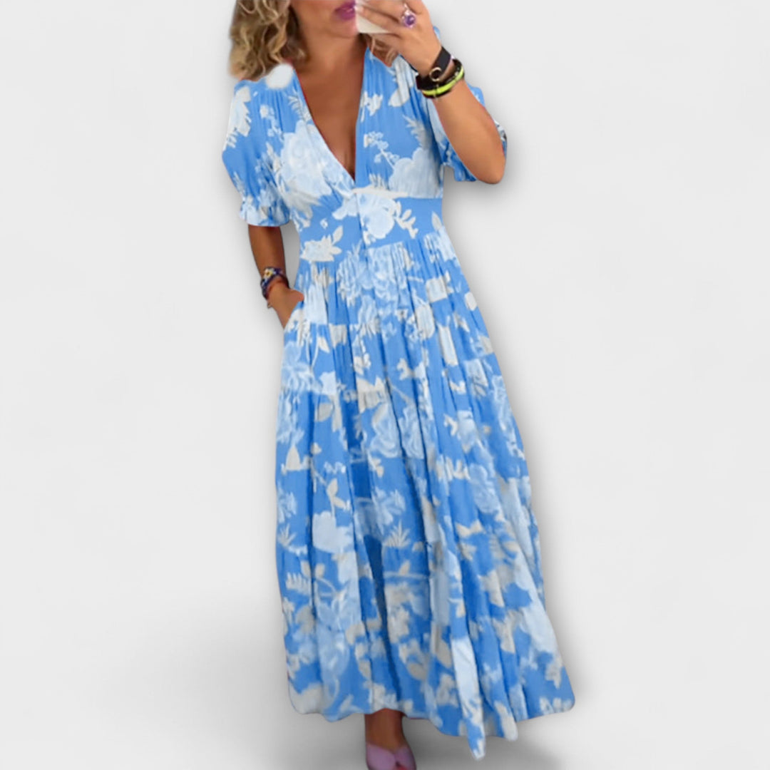Catrisa - Floral Dress with V-Neck Cut and Pockets