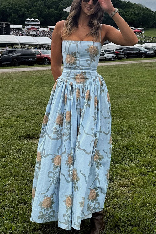 Margovil Spaghetti Strap Waisted Floral Print A-line Maxi Dress