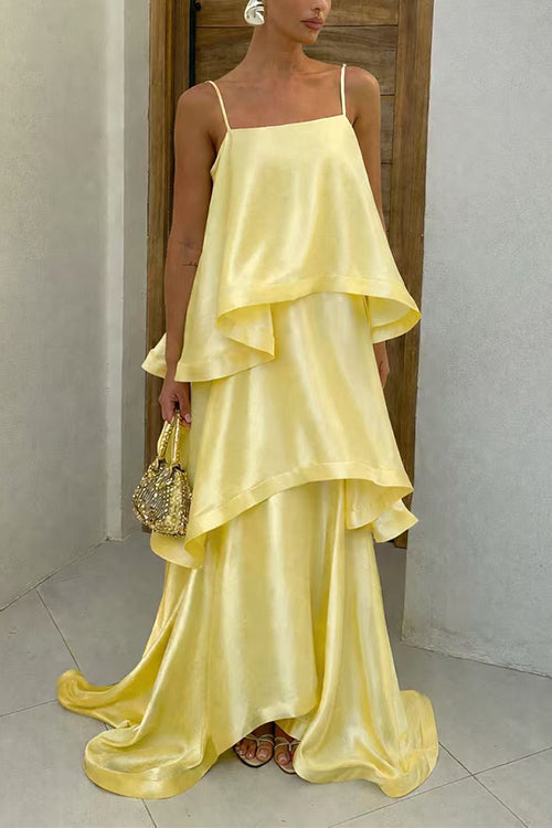 Margovil Spaghetti Strap Ruffle Layered Satin Maxi Dress