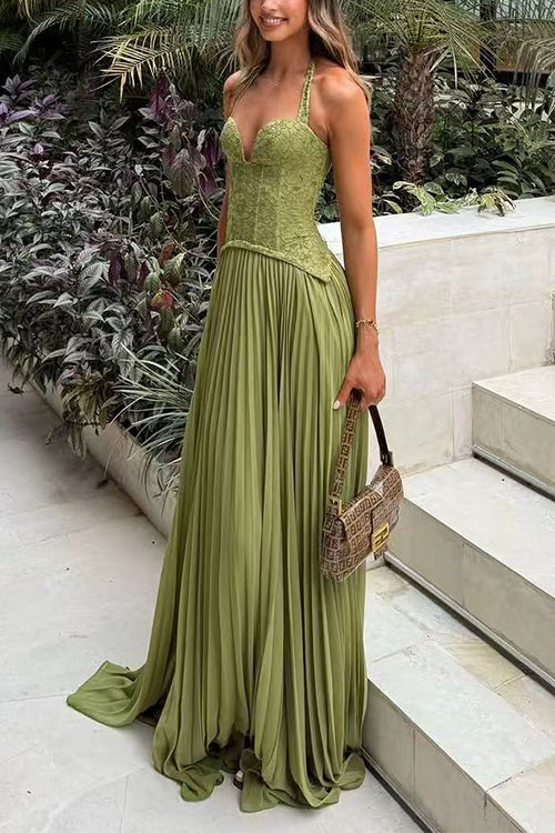 Margovil Halter Neck Back Lace-up Pleated Maxi Dress