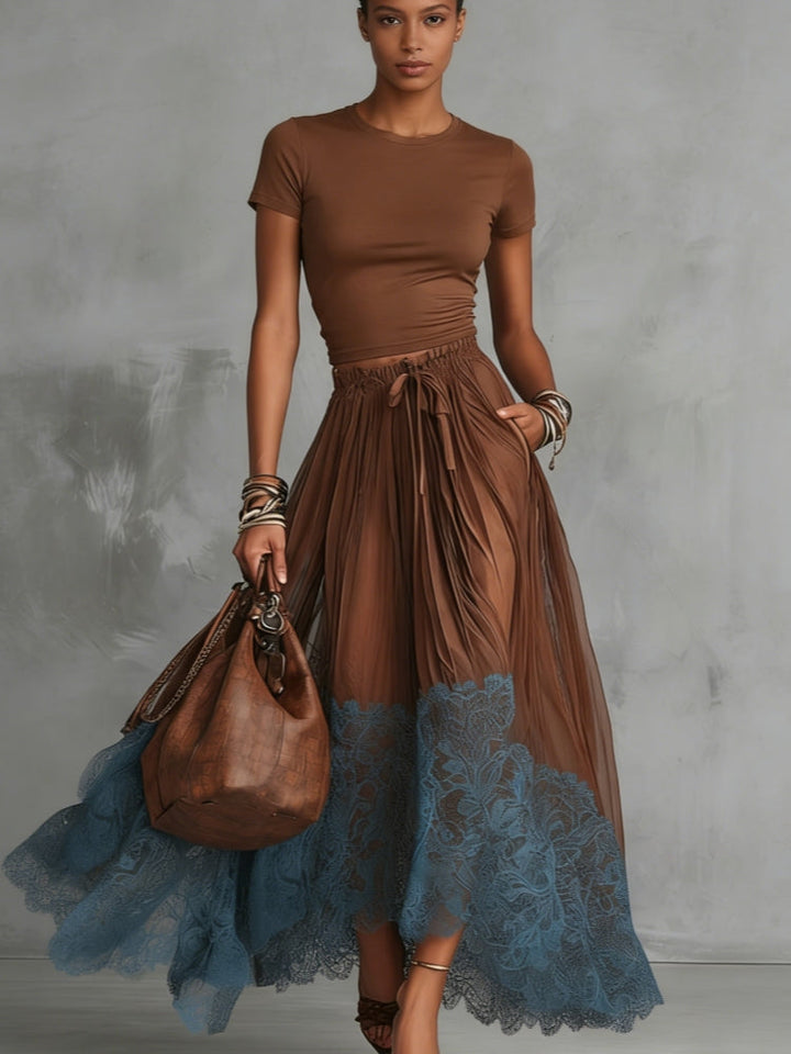Brown & Blue Lace Tulle Skirt Set