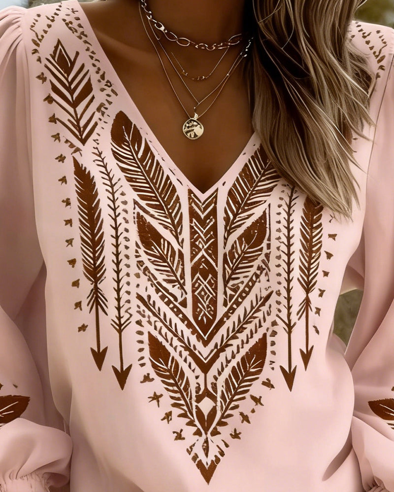 Puffed Sleeve Blouse with Wide V-Neck