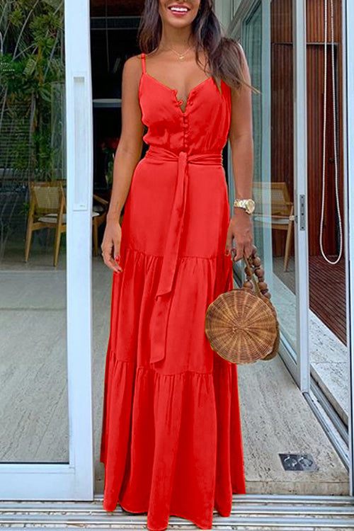 Margovil Buttons V Neck Sleeveless Tie Waist Maxi Swing Dress