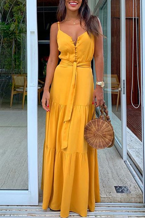 Margovil Buttons V Neck Sleeveless Tie Waist Maxi Swing Dress