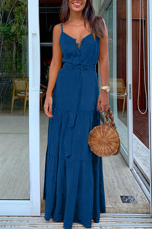 Margovil Buttons V Neck Sleeveless Tie Waist Maxi Swing Dress