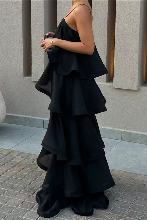Margovil Spaghetti Strap Ruffle Layered Satin Maxi Dress