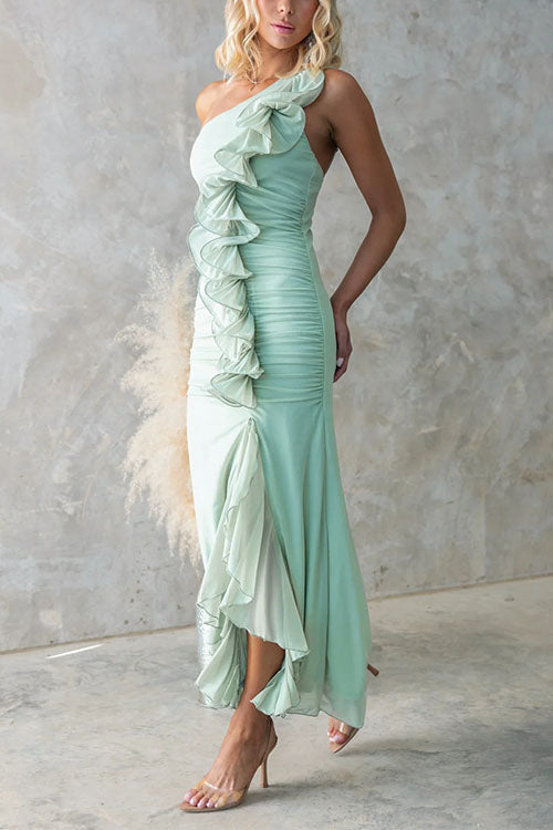 Margovil One Shoulder Slit Ruched Ruffle Mesh Maxi Dress
