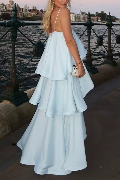 Margovil Spaghetti Strap Ruffle Layered Satin Maxi Dress