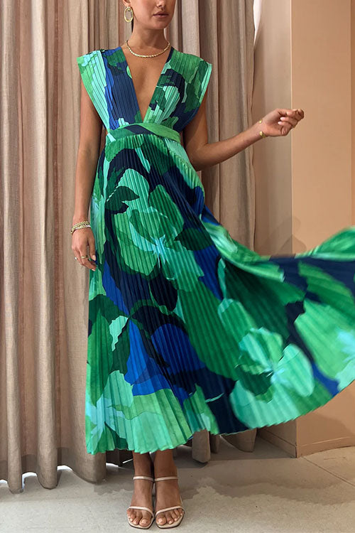 Margovil V Neck Waisted Back Cut Out Printed Maxi Pleated Dress