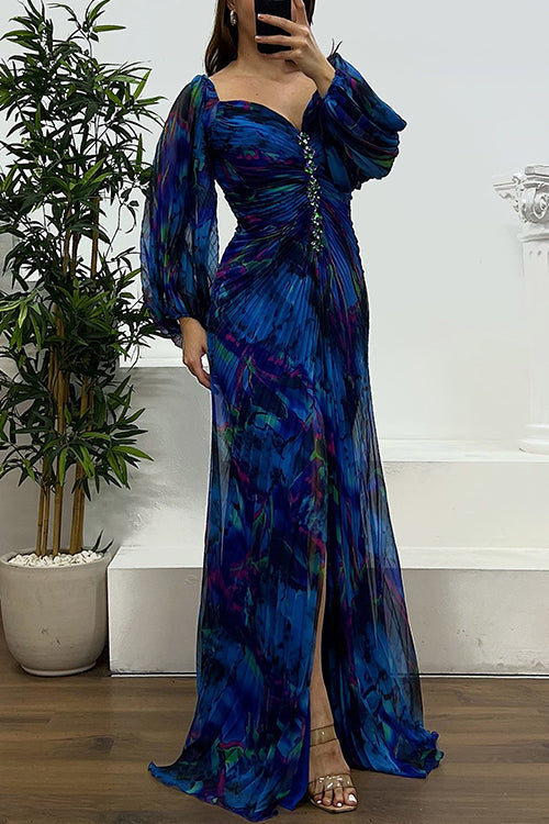 Margovil Off Shoulder Rhinestones Detail Printed Slit Pleated Maxi Dress