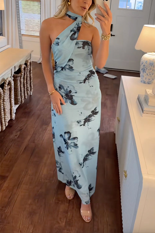 Margovil Halter Sleeveless Floral Print Mesh Maxi Dress