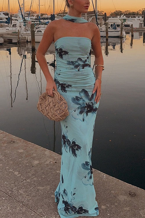 Margovil Strapless Tube Floral Print Bodycon Maxi Dress