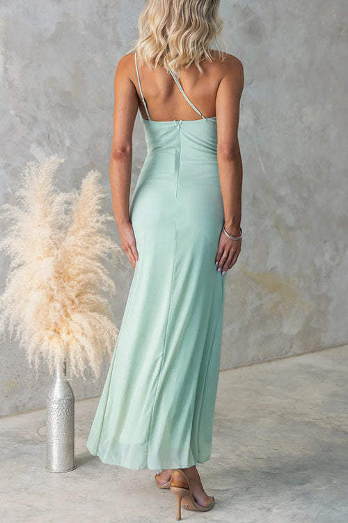 Margovil One Shoulder Slit Ruched Ruffle Mesh Maxi Dress