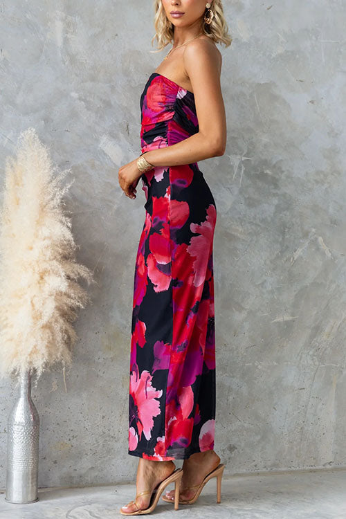 Off Shoulder Floral Print Bodycon Maxi Dress