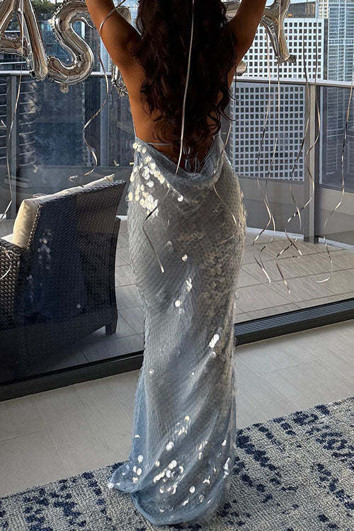 Margovil Halter Cowl Neck Open Back Sequin Maxi Party Dress