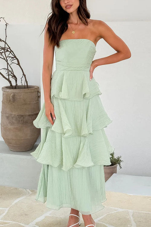 Margovil Strapless Empire Waist Ruffle Layered Maxi Dress