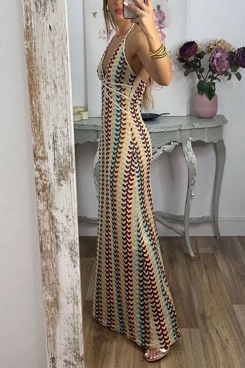 Margovil Halter V Neck Backless Color Block Crochet Maxi Dress