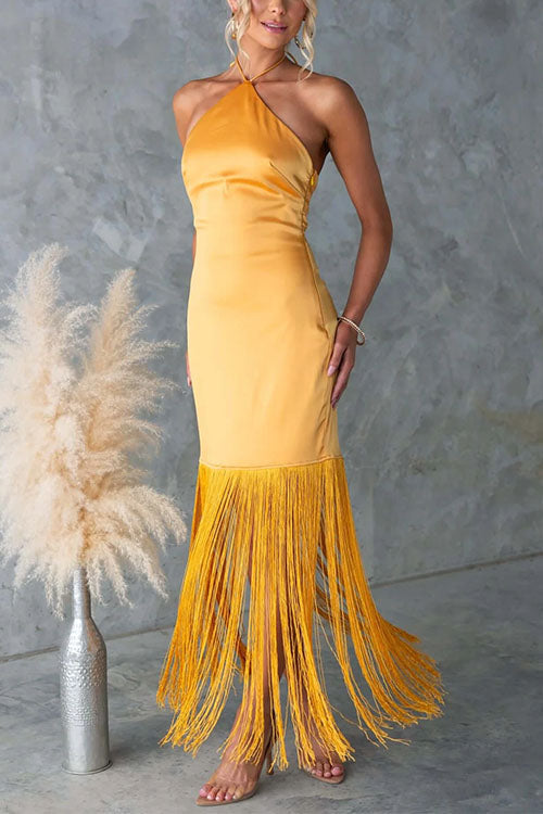Margovil Halter Neck Patchwork Fringe Hem Satin Maxi Dress