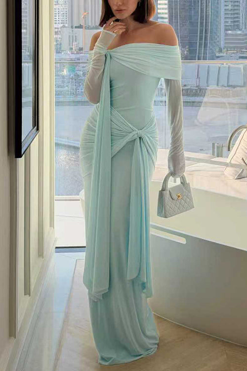 Margovil Off Shoulder Long Sleeves Knot Waist Draped Maxi Dress
