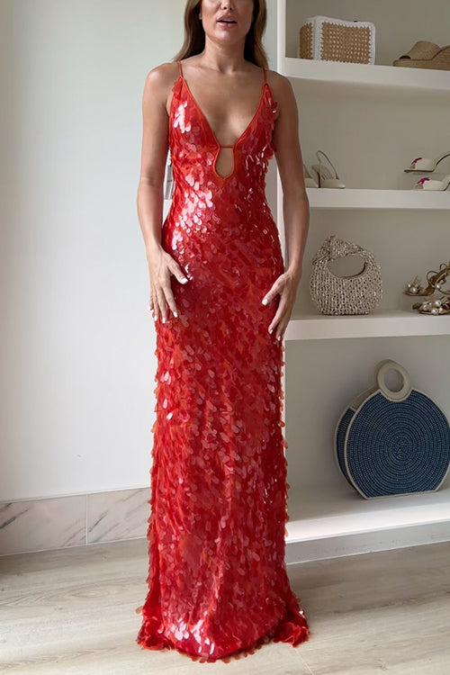Margovil Spaghetti Strap V Neck Glitter Sequin Maxi Party Dress