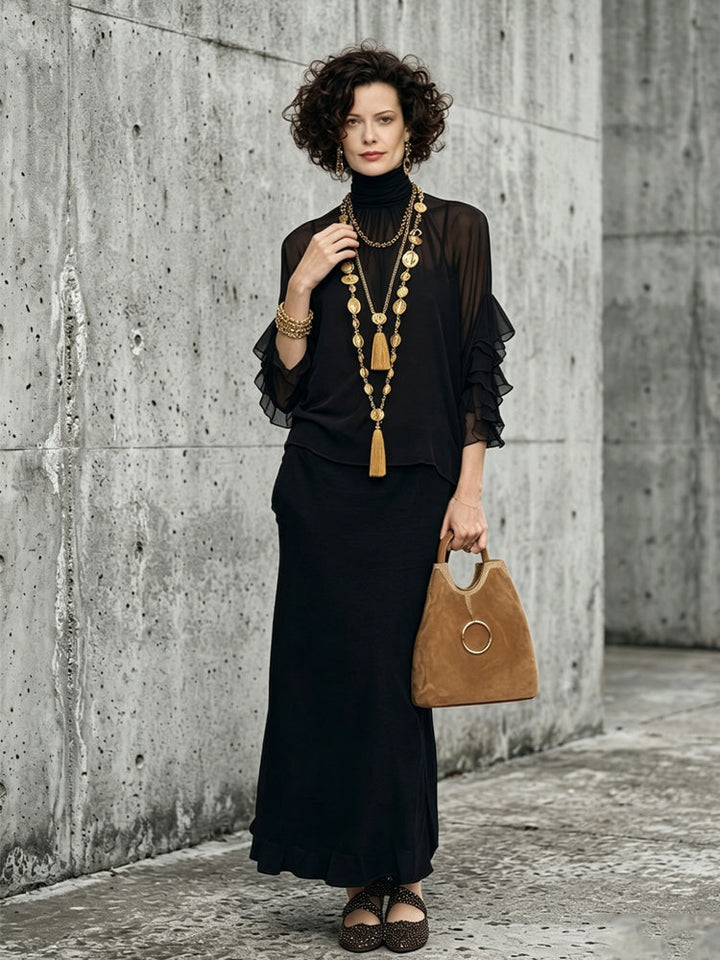 Black Ruffled Layered Chiffon Maxi Set