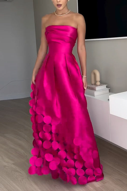 Margovil Strapless Waisted Polka Dot Applique Maxi Party Dress