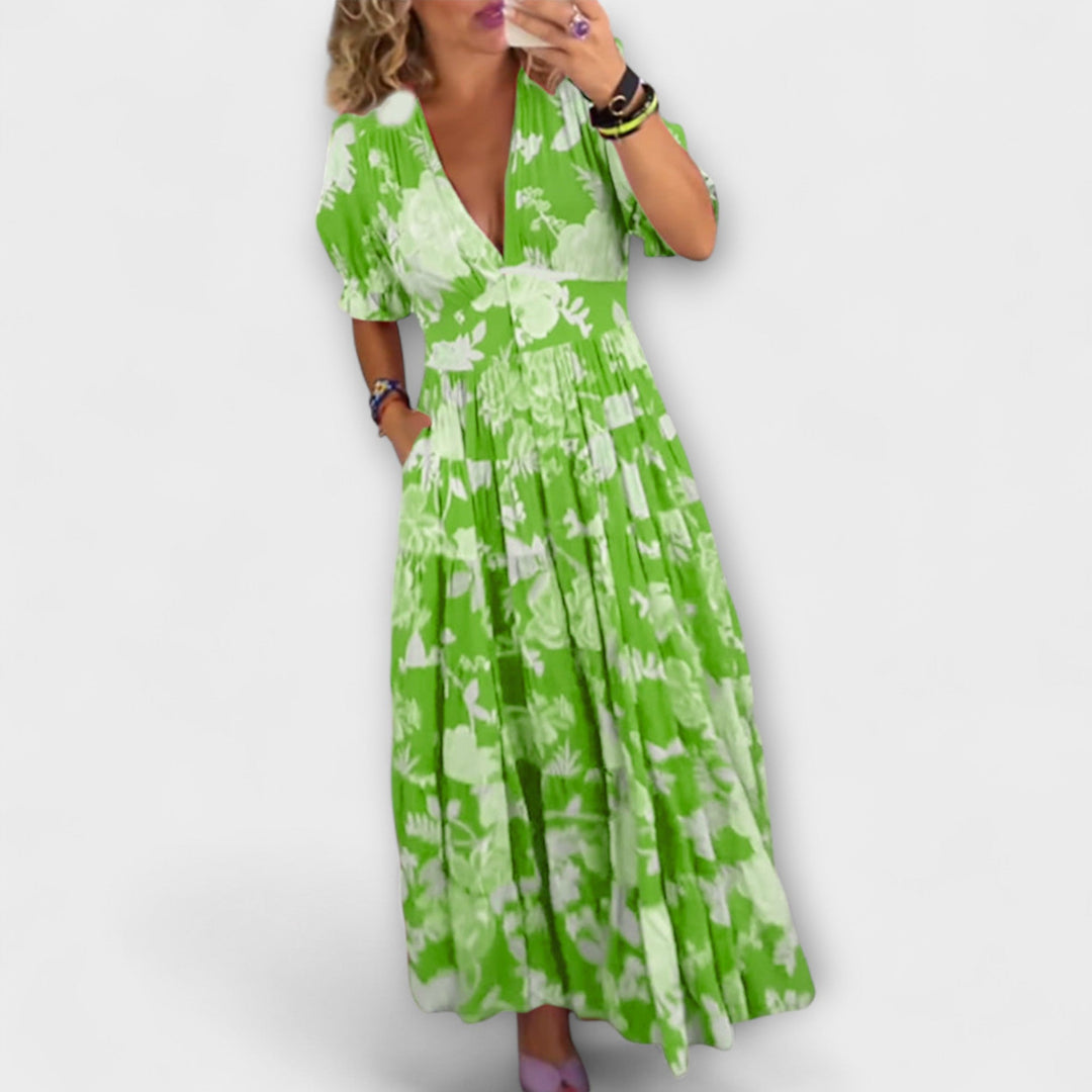 Catrisa - Floral Dress with V-Neck Cut and Pockets