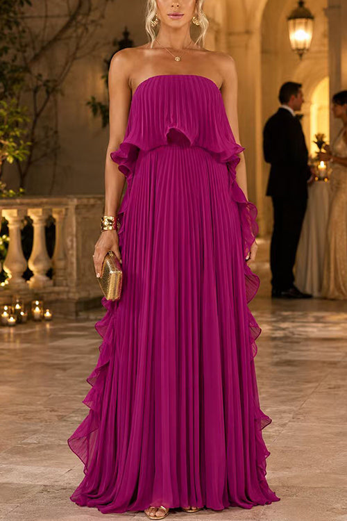 Margovil Elegant Strapless Tube Ruffle Pleated Maxi Dress