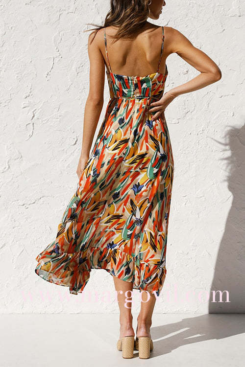 V Neck Tie Waist Abstract Print Midi Cami Dress